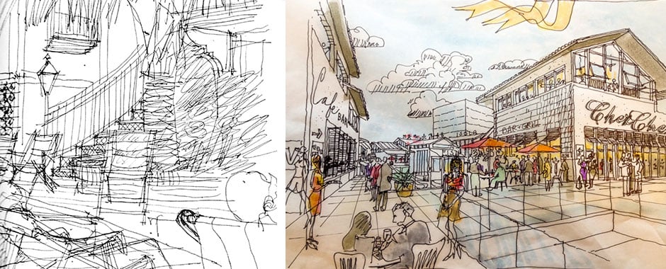 Two architectural illustration sketches in black and white and color