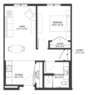 The Larkspur - 585 sq ft, 1 bedroom (Gardens)