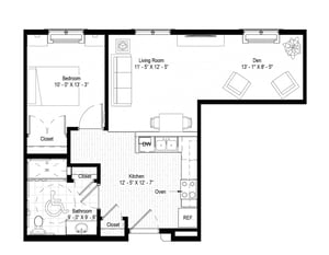 The Karlstad - 736 sq ft, 1 bedroom, 1 bathroom, den